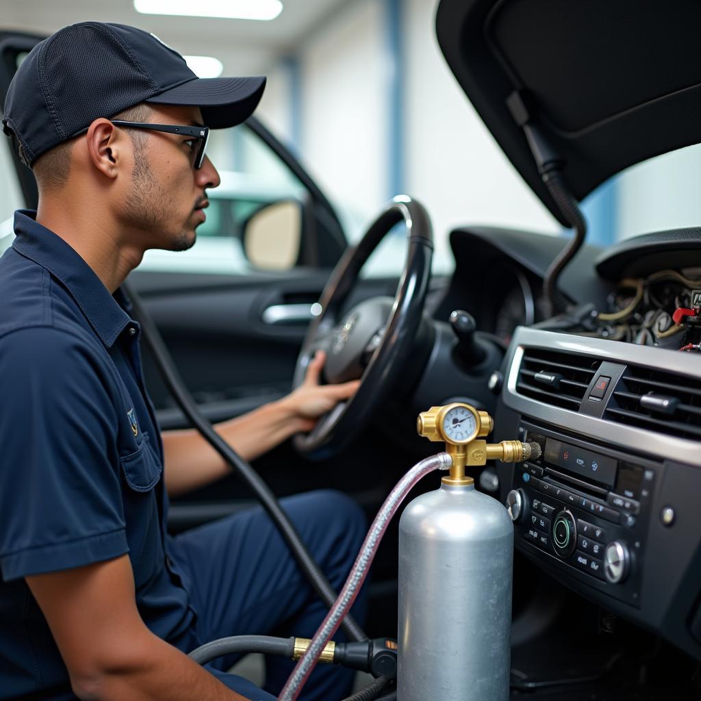 Ahmedabad Car AC Service: Technician Performing Refrigerant Recharge