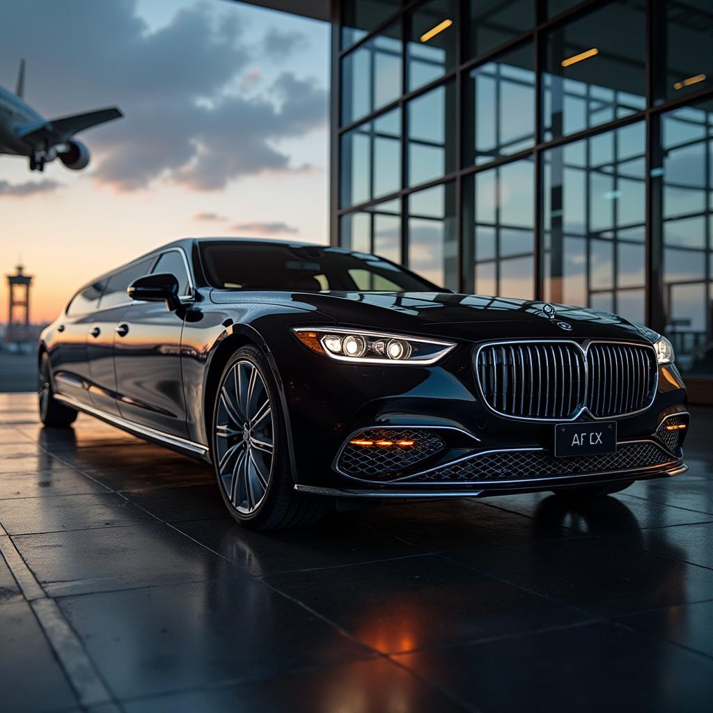 Sleek black limousine parked at airport awaiting passenger arrival.