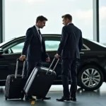 Professional chauffeur assisting passenger with luggage at airport curbside pickup.