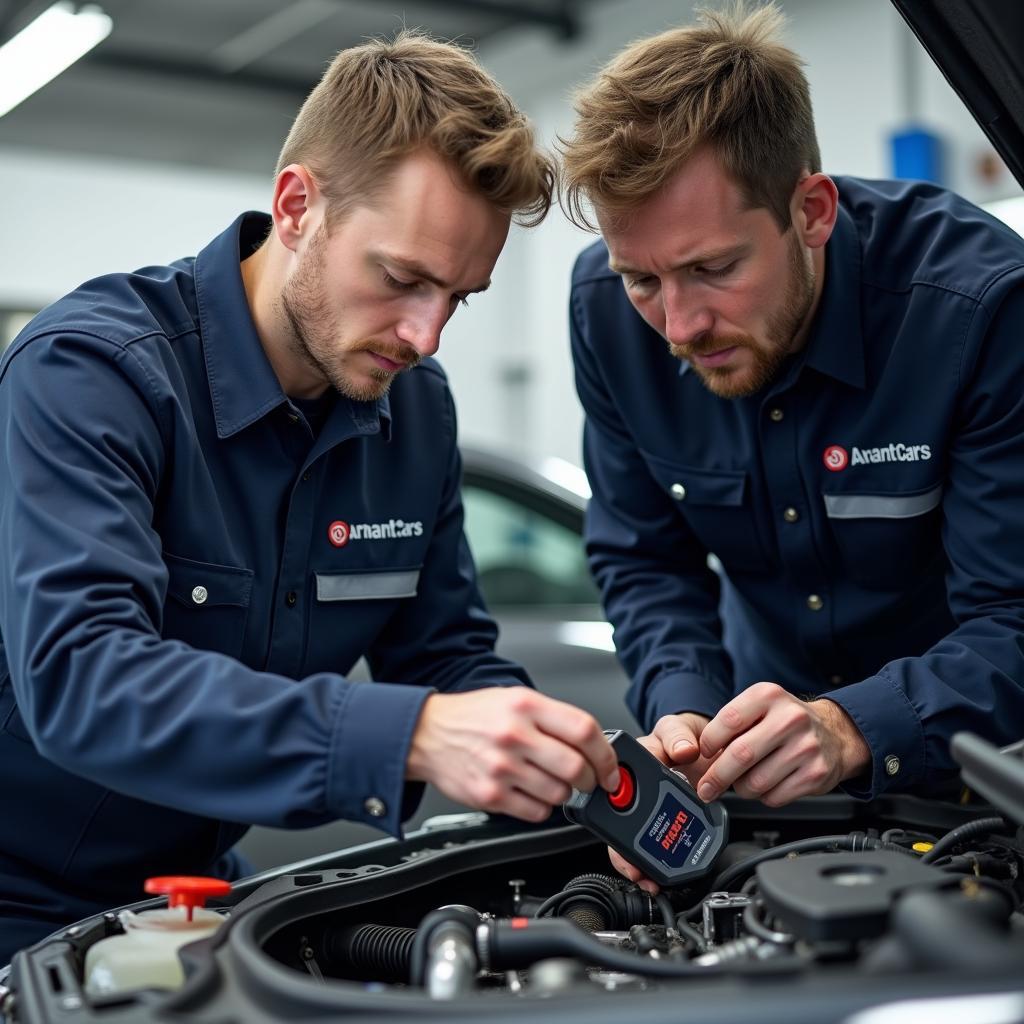 Skilled technicians working on a car at Anant Cars Service Centre Bannerghatta Road