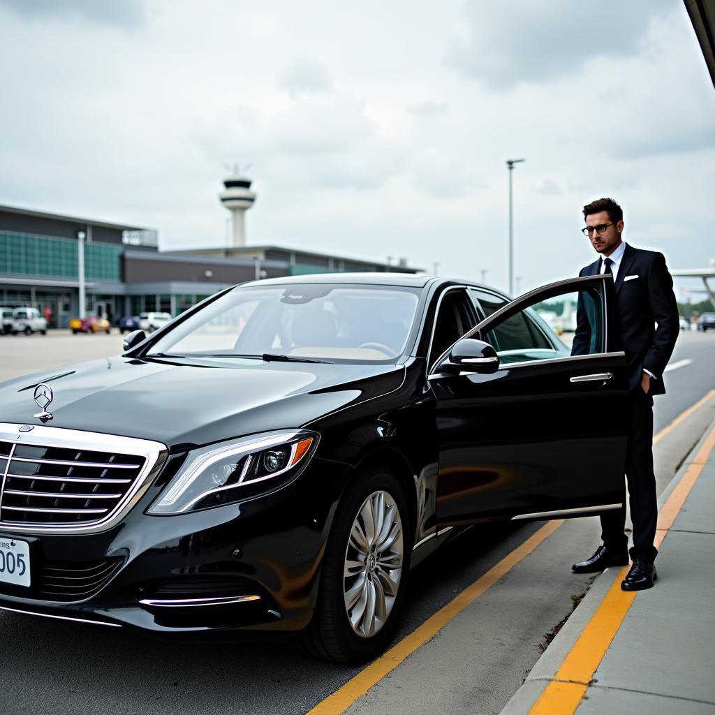 Luxury Airport Car Service in Atlanta: A black luxury sedan parked in front of the Atlanta Airport.