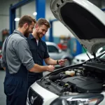 Customer Talking to a Mechanic in an Australian Car Service Center