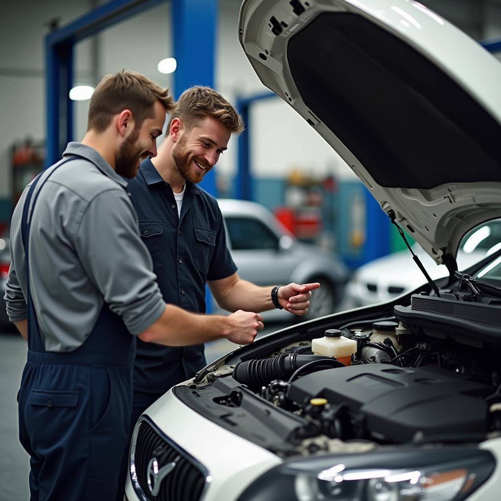 Customer Talking to a Mechanic in an Australian Car Service Center