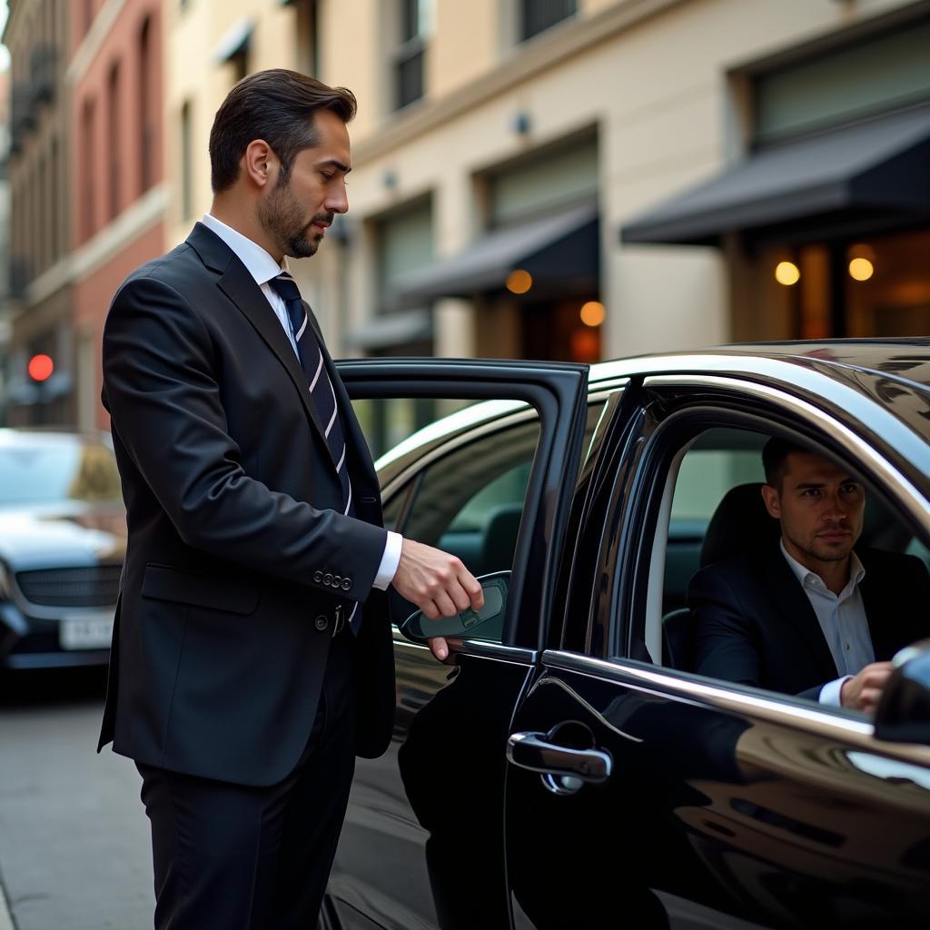 Austin Black Car Chauffeur Opening Door for Passenger