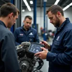 Factory-trained technicians working on a Suzuki engine at an authorized service center.