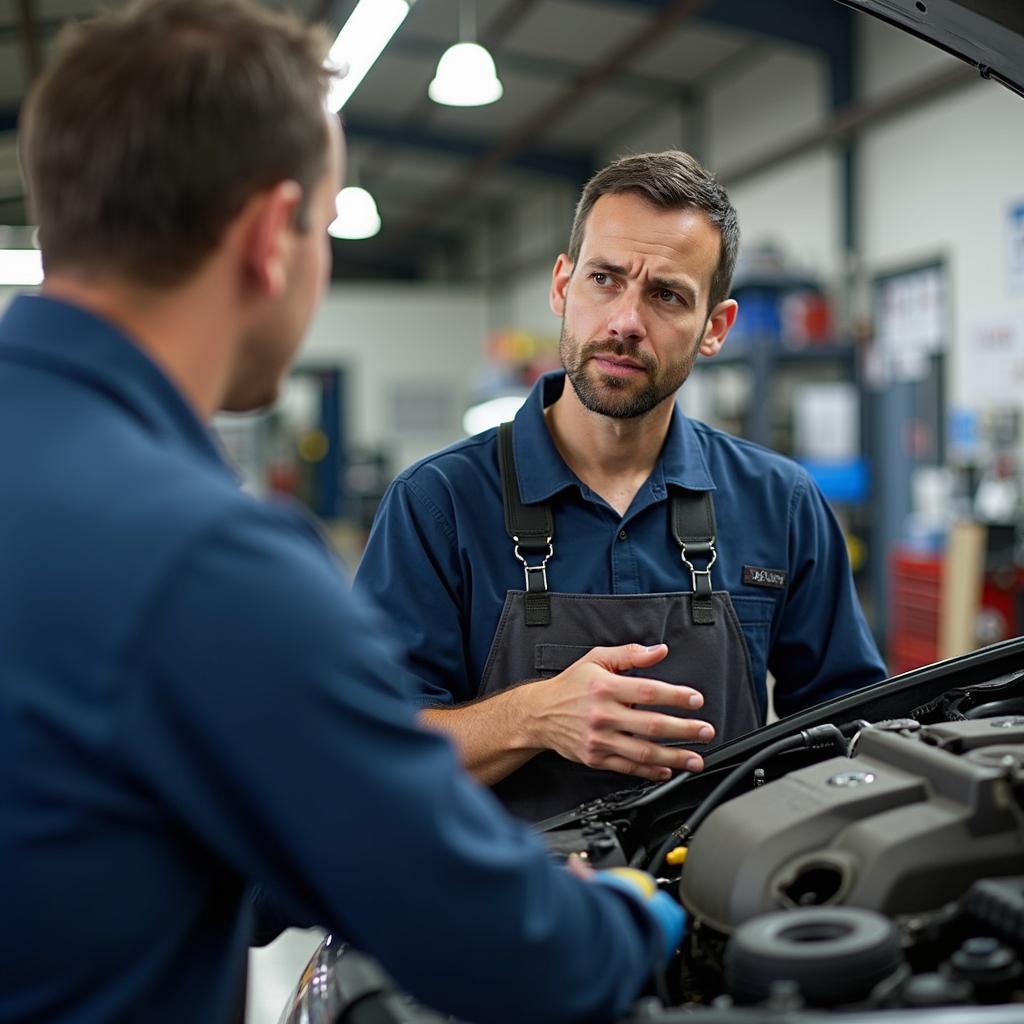 Auto Repair Shop Canton MA - Customer talking to a mechanic about car repairs.