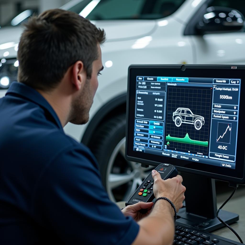 Automated Car Diagnostic System: A mechanic using a computer-based diagnostic tool to analyze vehicle data