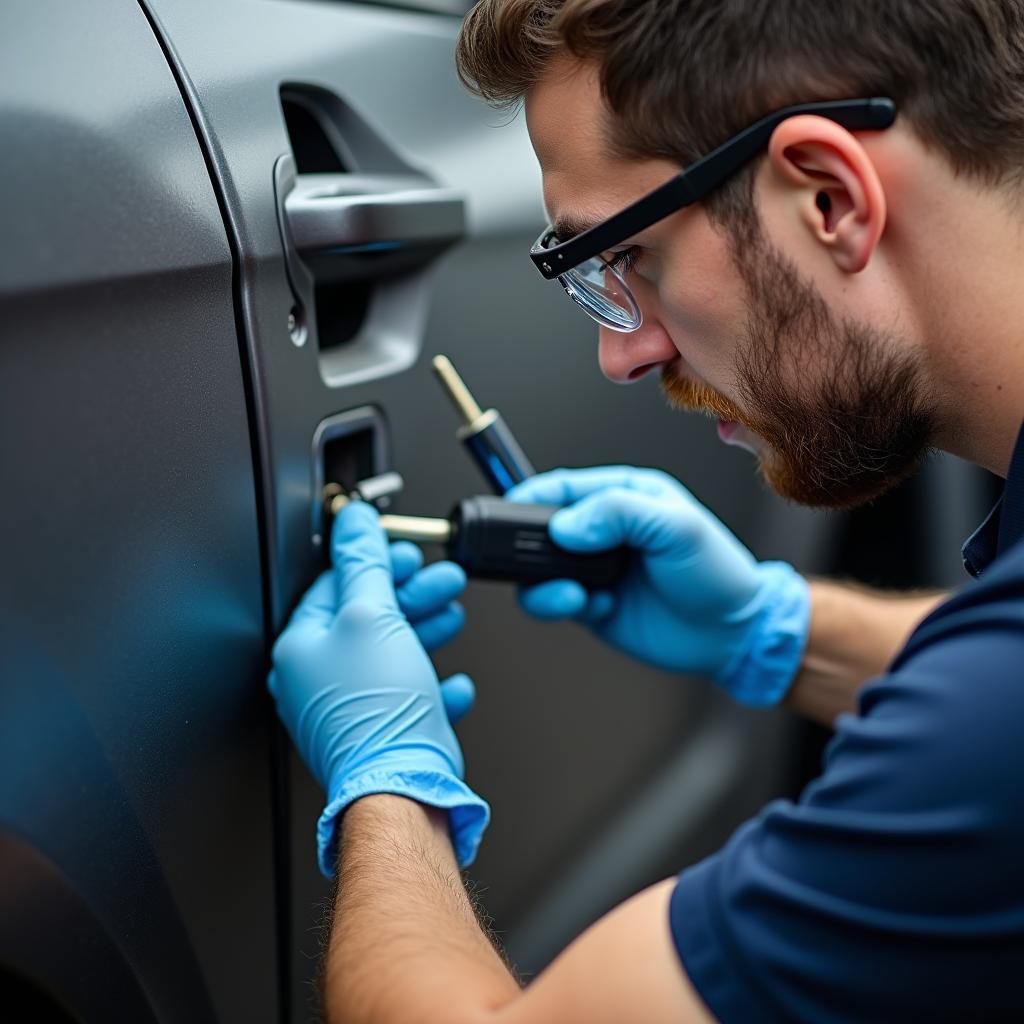 Automotive locksmith using specialized tools to repair a car door lock.