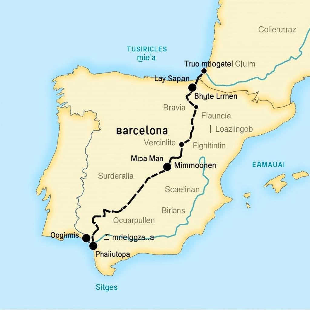 Map of the coastal route from Barcelona to Sitges