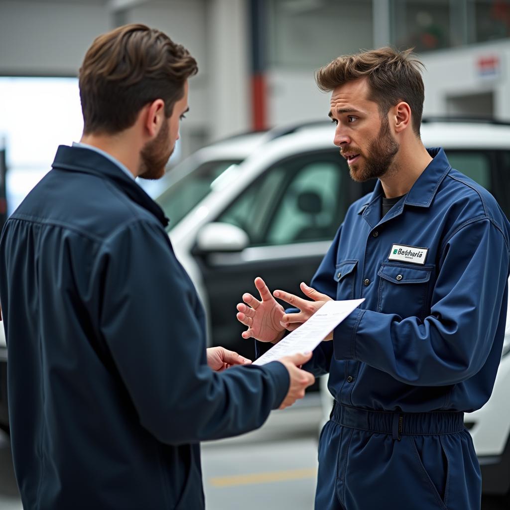 Belgharia car service customer talking with a mechanic.