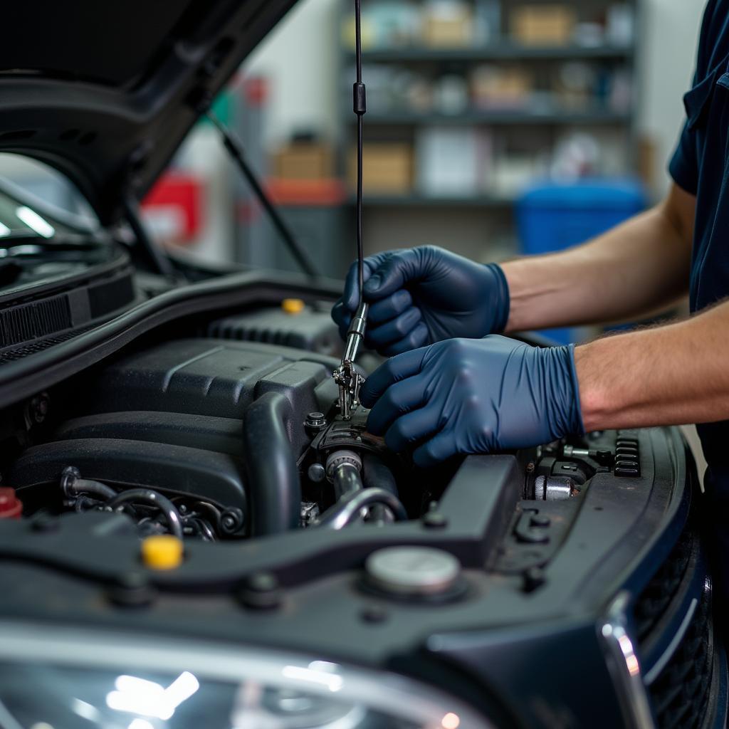 Belgharia car service mechanic working on a car engine.