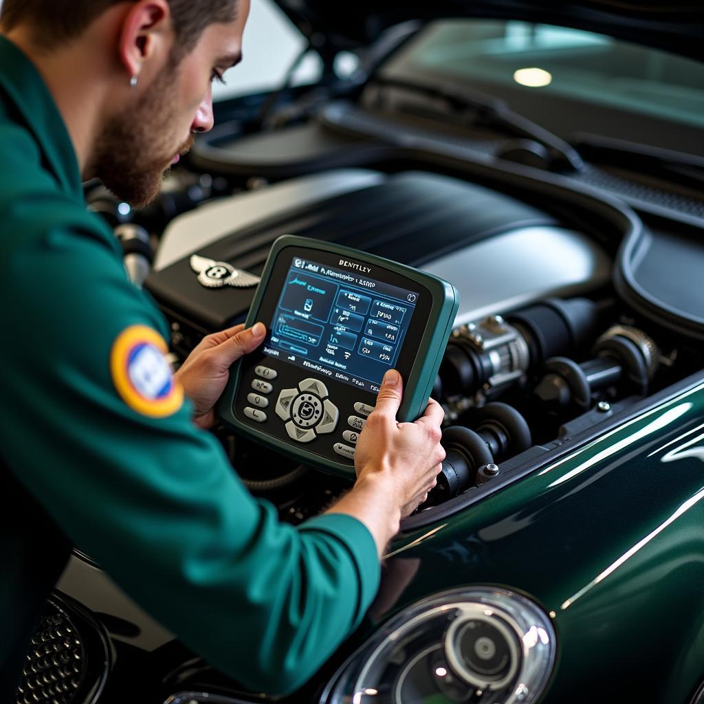 Bentley technician performing diagnostics with specialized equipment