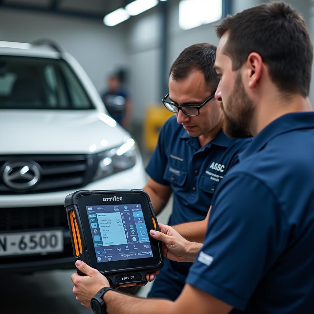 Certified technicians working on a car in a Raipur service centre