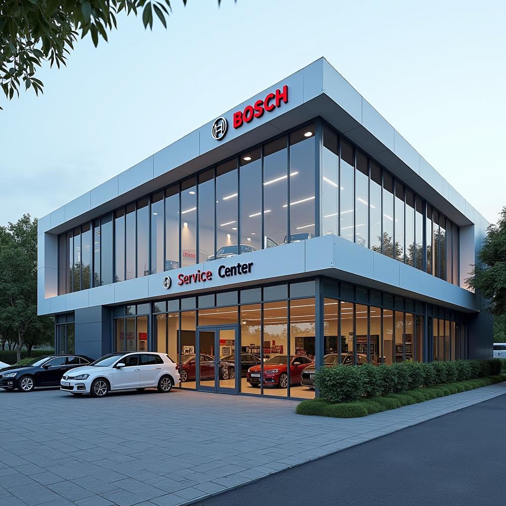 Exterior View of a Modern Bosch Car Service Center Building in Kodigehalli