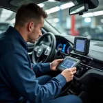 Bosch Car Service Technician Performing Diagnostics on a Vehicle