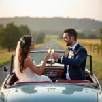 Bride and Groom Toasting Champagne in Vintage Car