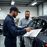 Car service technician explaining repairs to a customer