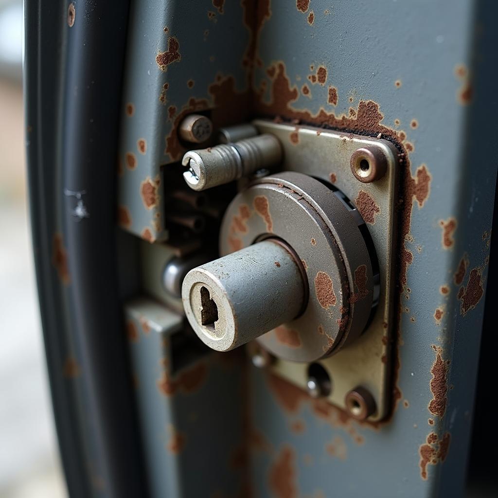 Close-up of a broken car door lock mechanism needing repair