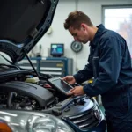 Canton MA Car Service Center - Mechanic working on a car engine in a modern auto repair shop.