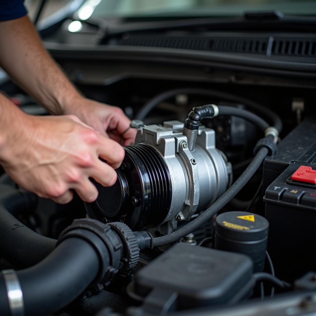 Mechanic Repairing a Car AC Compressor