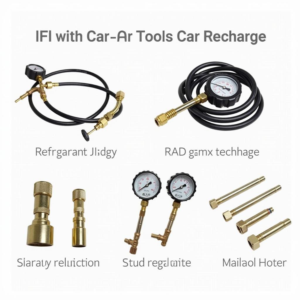 Car AC Recharge Tools: Displaying the specialized tools used for recharging a car's AC system.