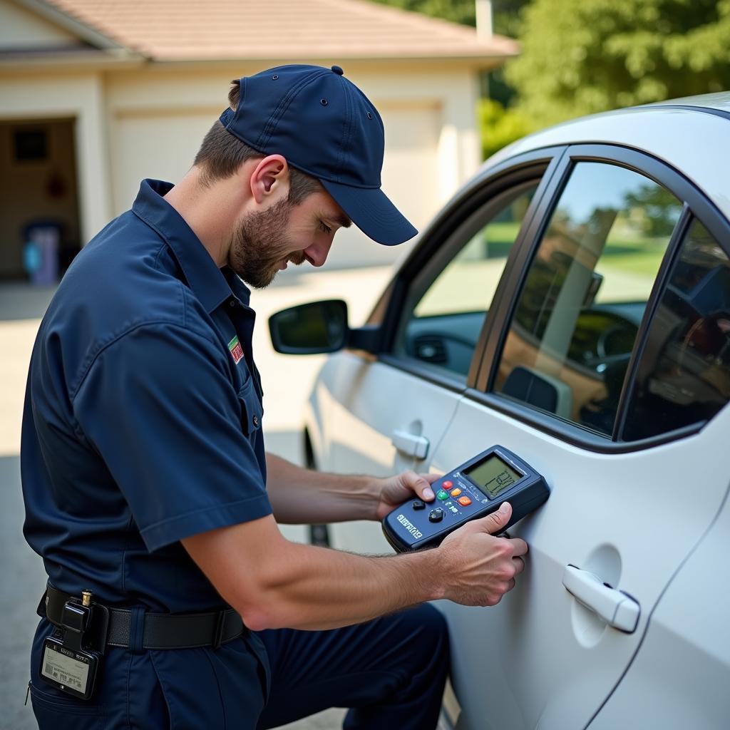 Technician Checking Refrigerant Levels During Doorstep Car AC Service