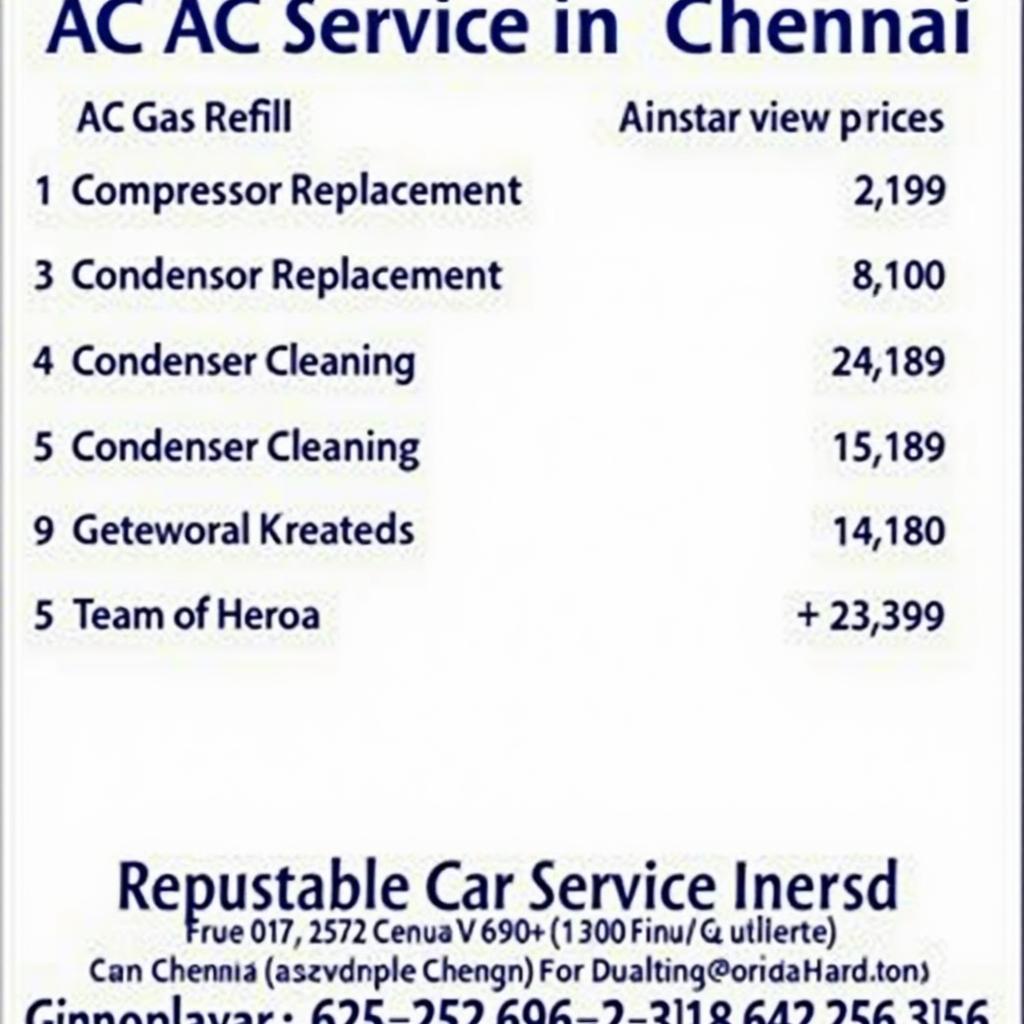 Car AC Service Price List in Chennai