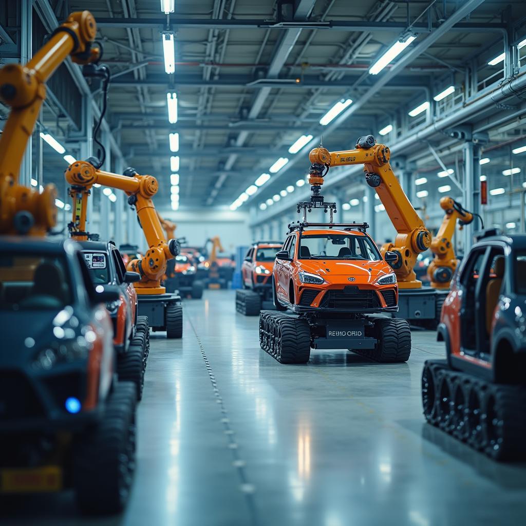 Automated Car Manufacturing Plant: Robots performing assembly tasks on a vehicle production line