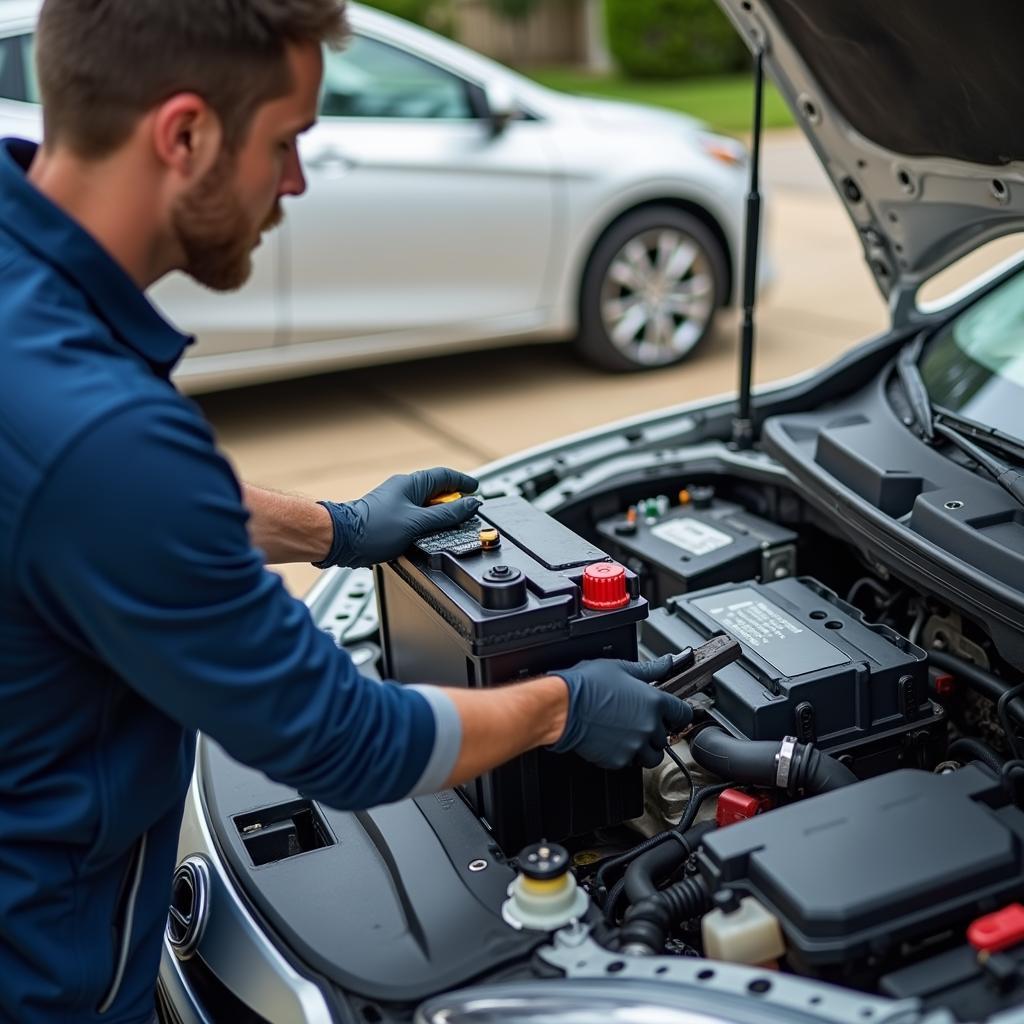 Car Battery Fitting Service at Home: Technician Installing New Battery