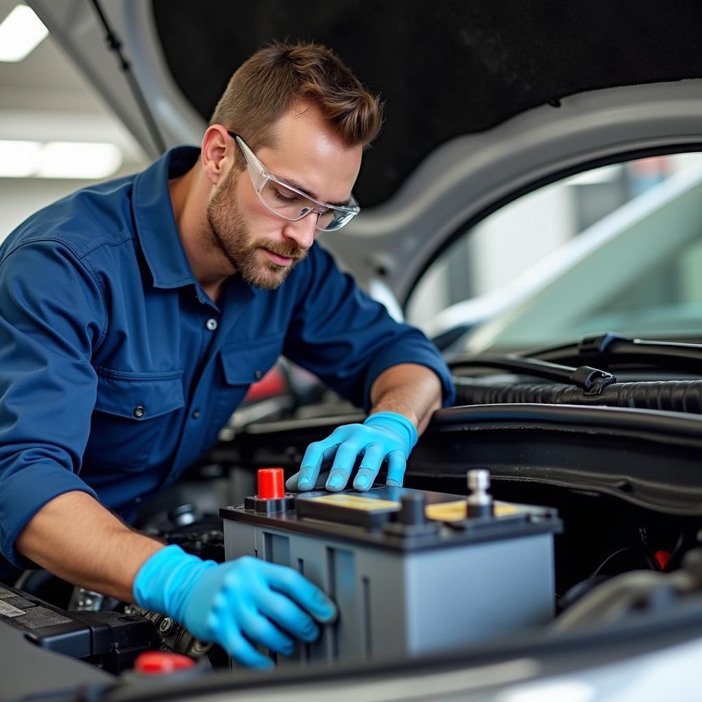 Technician Installing a Car Battery