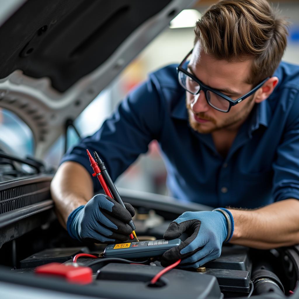 Car Battery Maintenance Check by Mechanic Using Multimeter