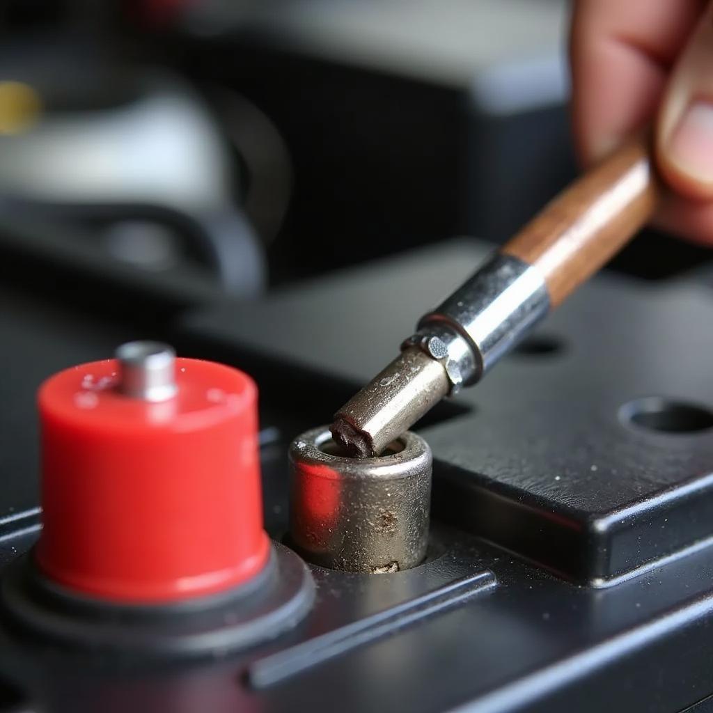 Car Battery Terminal Being Cleaned