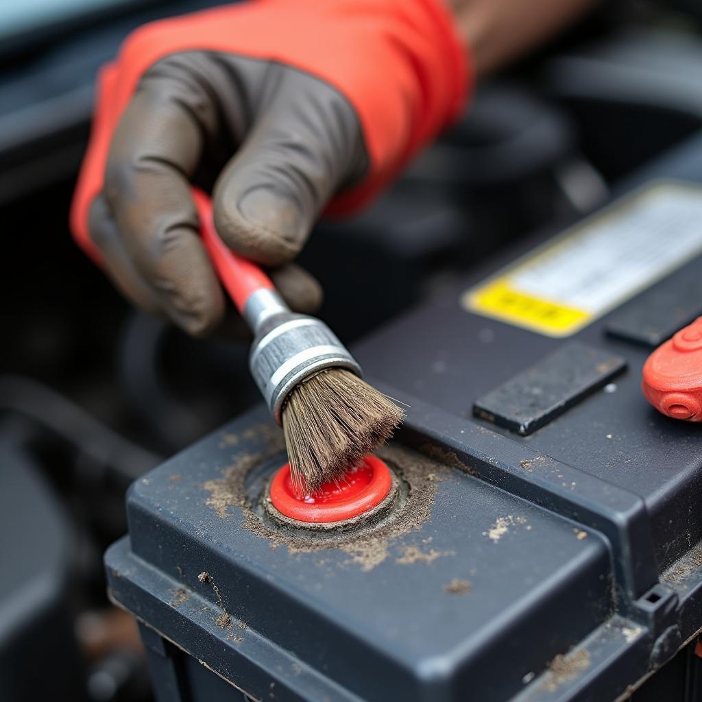 Cleaning Car Battery Terminals with a Wire Brush