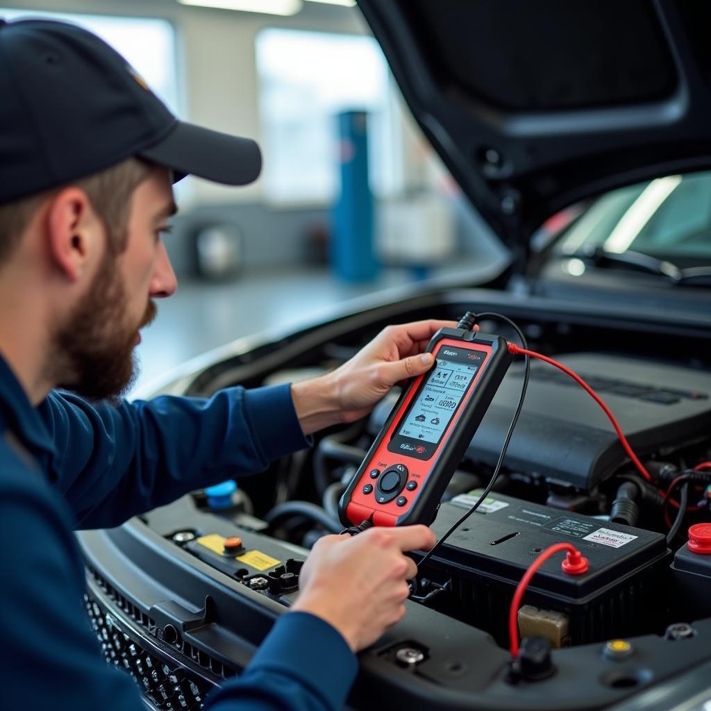 Mechanic Performing Diagnostic Tests on a Car Battery