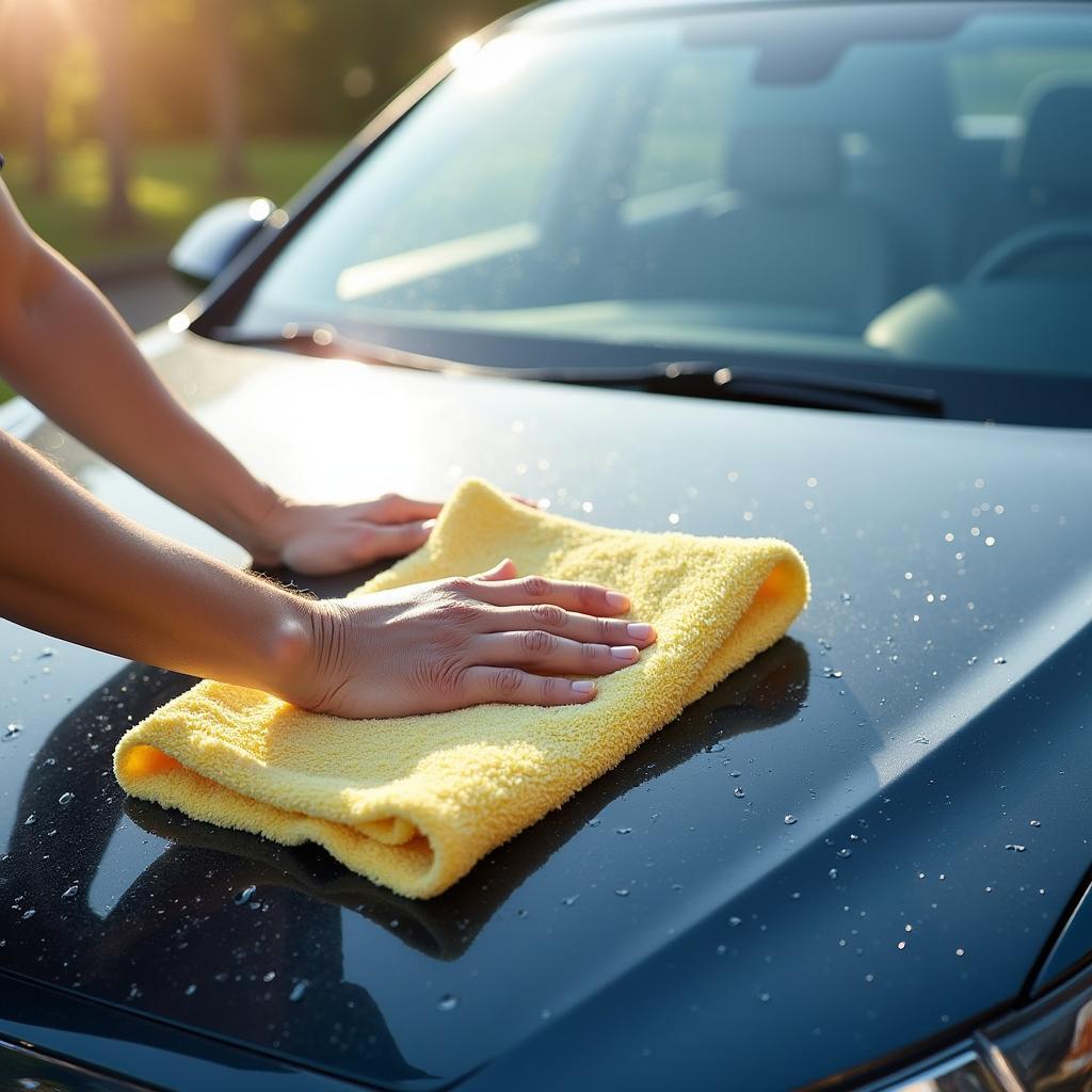 A person drying a freshly washed car with a microfiber towel in the sun.