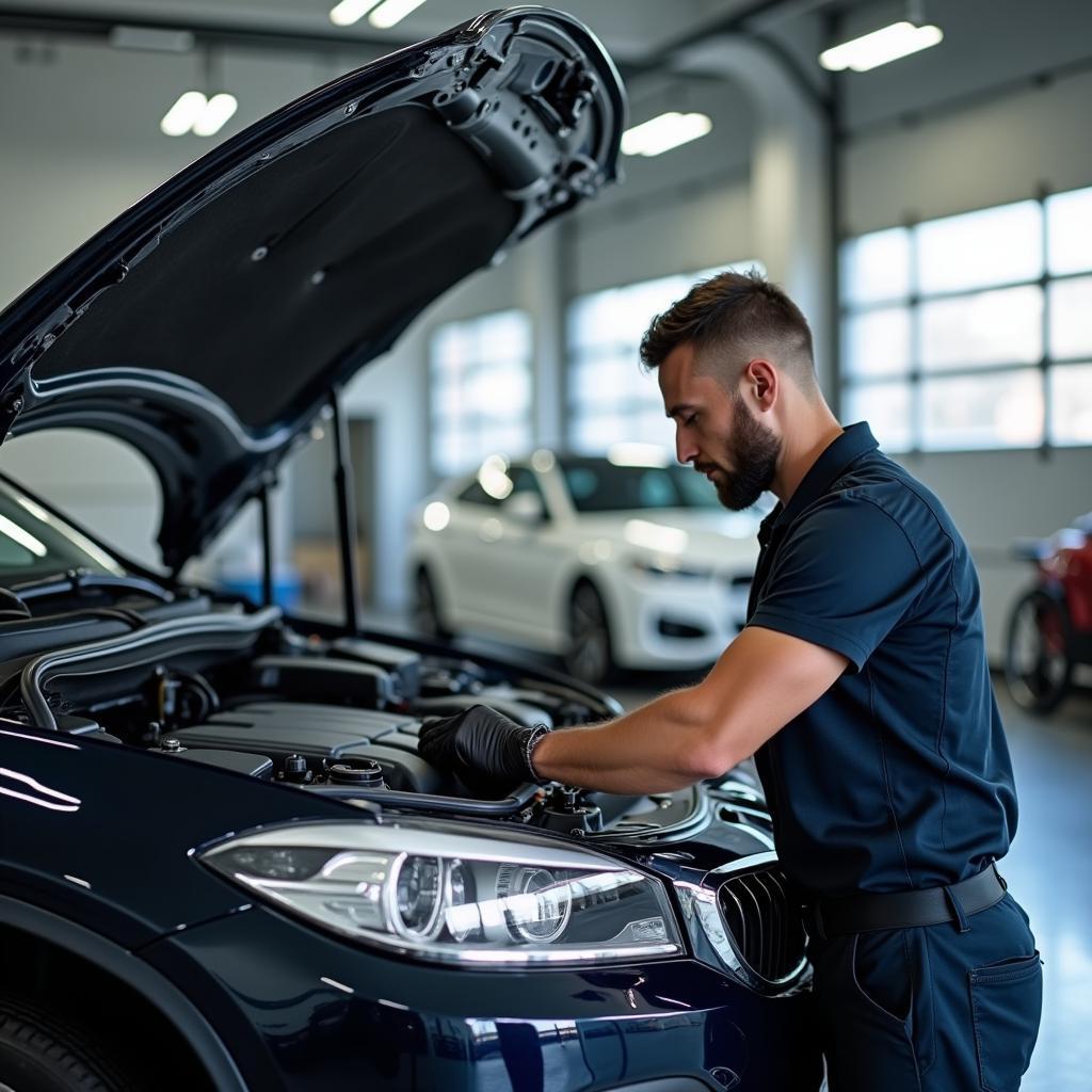 Car undergoing service in a garage