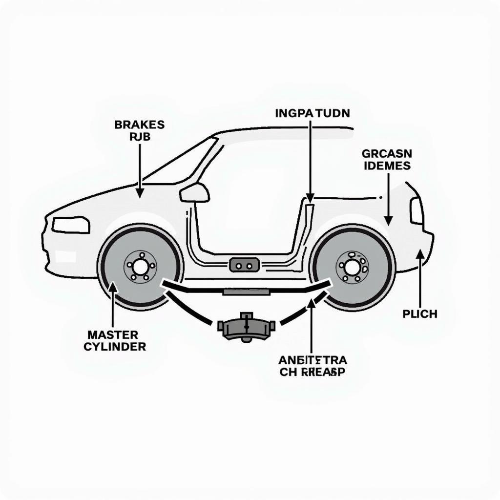 Components of a car brake system, including pads, rotors, calipers, and brake fluid lines.