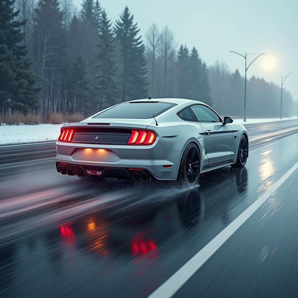 Car Braking Safely on a Wet Road