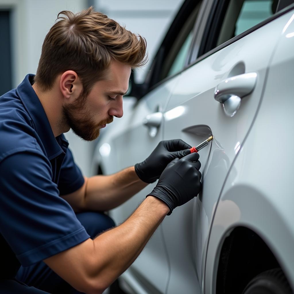 Car Dent Repair Technician at Work