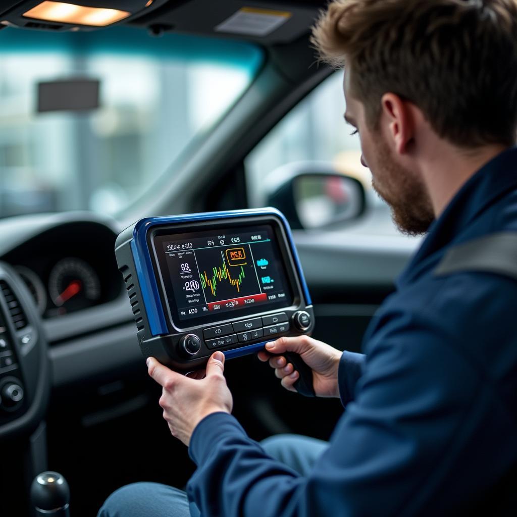 Modern car diagnostic equipment in use at a service centre