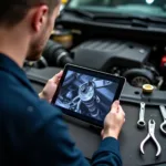 Car Engine Repair Photo Website: A mechanic uses a photo website to diagnose a complex engine issue