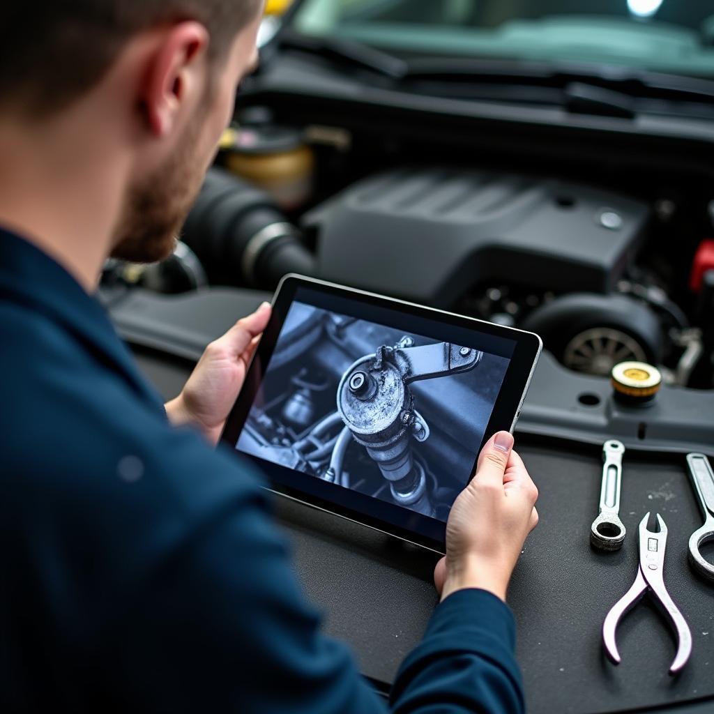 Car Engine Repair Photo Website: A mechanic uses a photo website to diagnose a complex engine issue