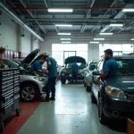 Car maintenance service center in India - mechanics working on a vehicle