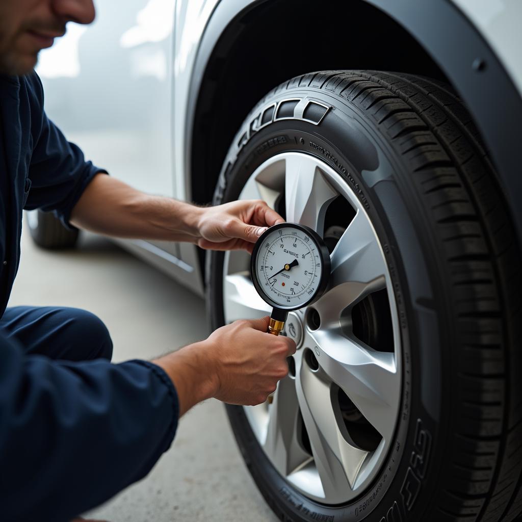 Mechanic Checking Tire Pressure Before Six Flags Trip