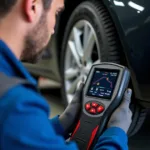 Car Mechanic Diagnosing Problem with Diagnostic Tool