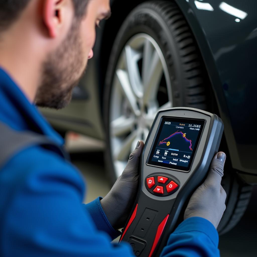 Car Mechanic Diagnosing Problem with Diagnostic Tool