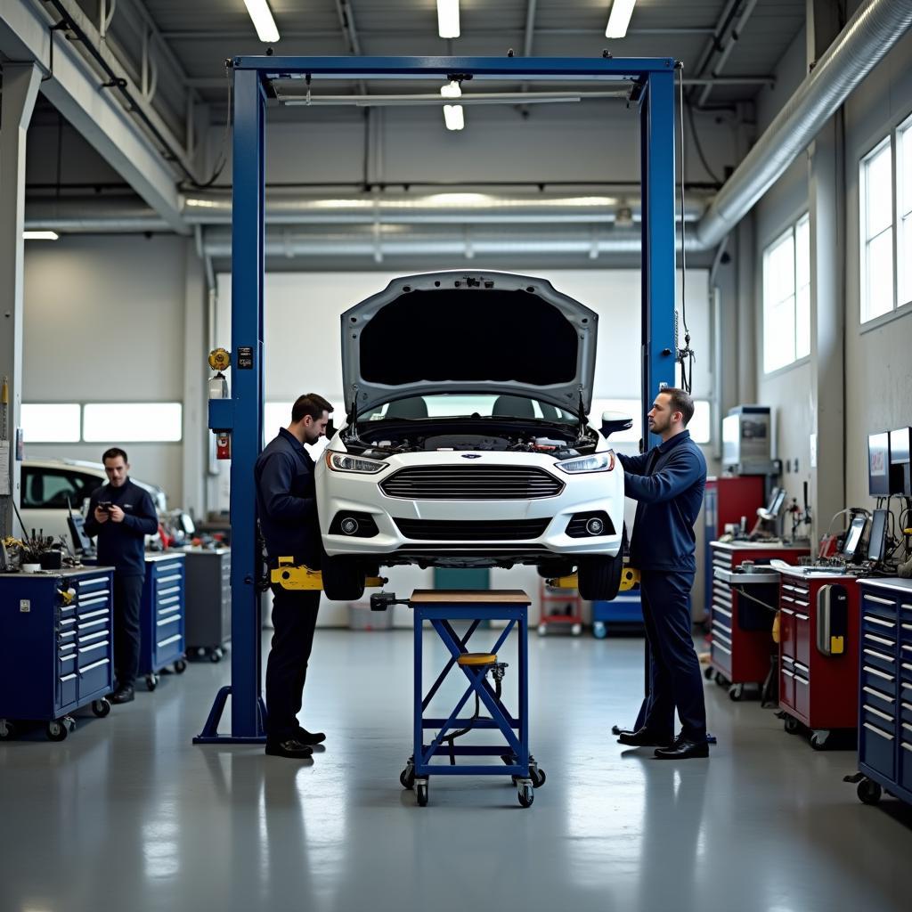 Car on lift in a repair shop