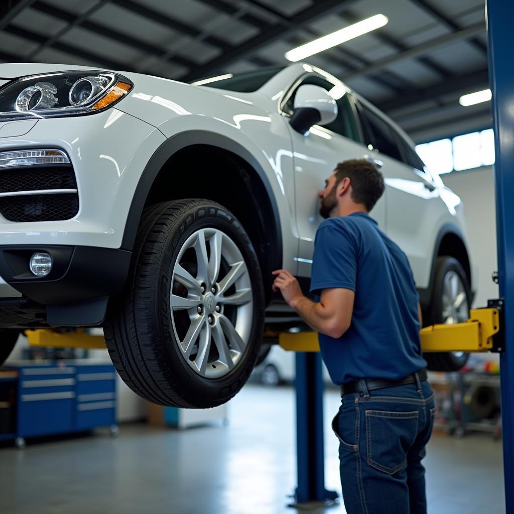 Car on a lift in a service bay undergoing maintenance.