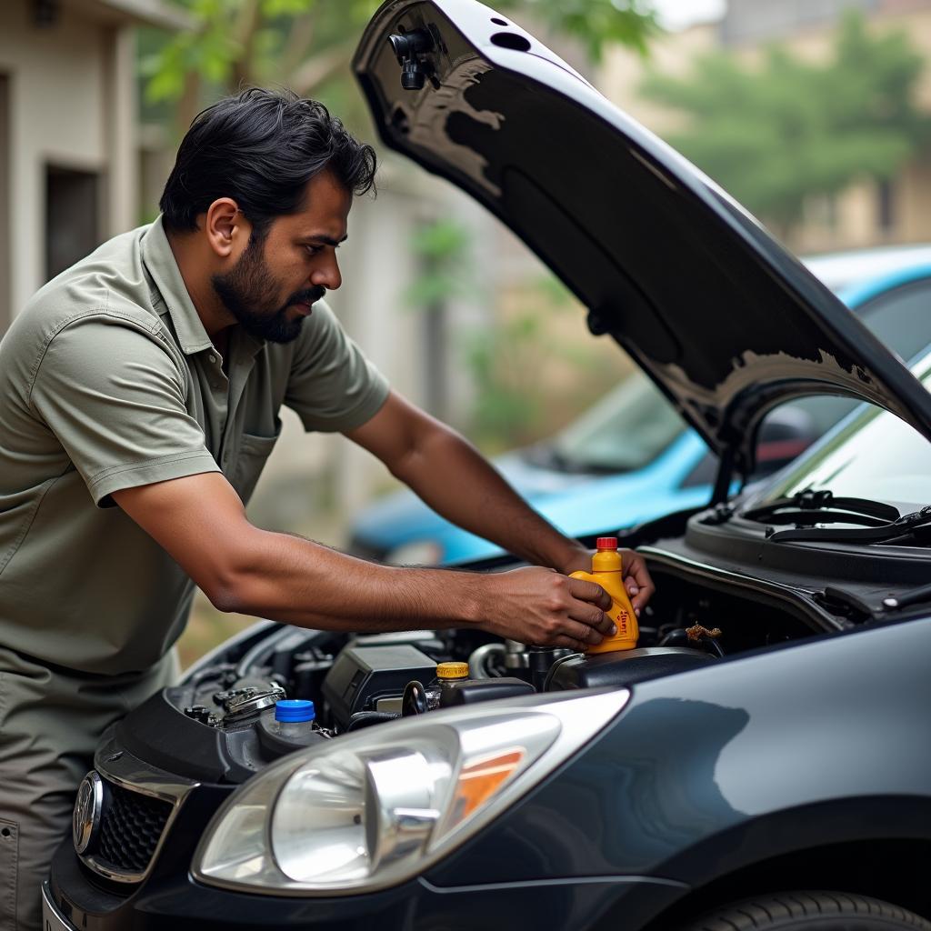 Car owner checking engine oil level in India