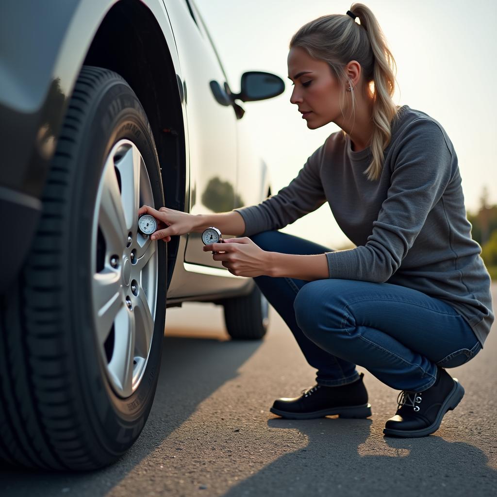 Car Owner Checking Tire Pressure